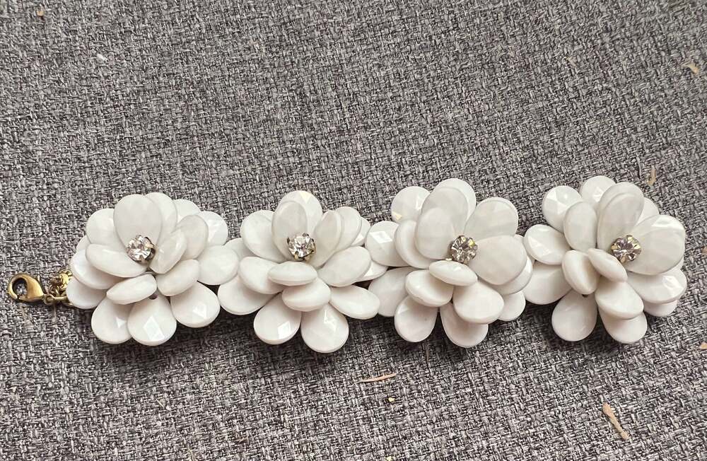 J.Crew 7 Inch White Resin Flower Statement Bracelet with Crystal Centers